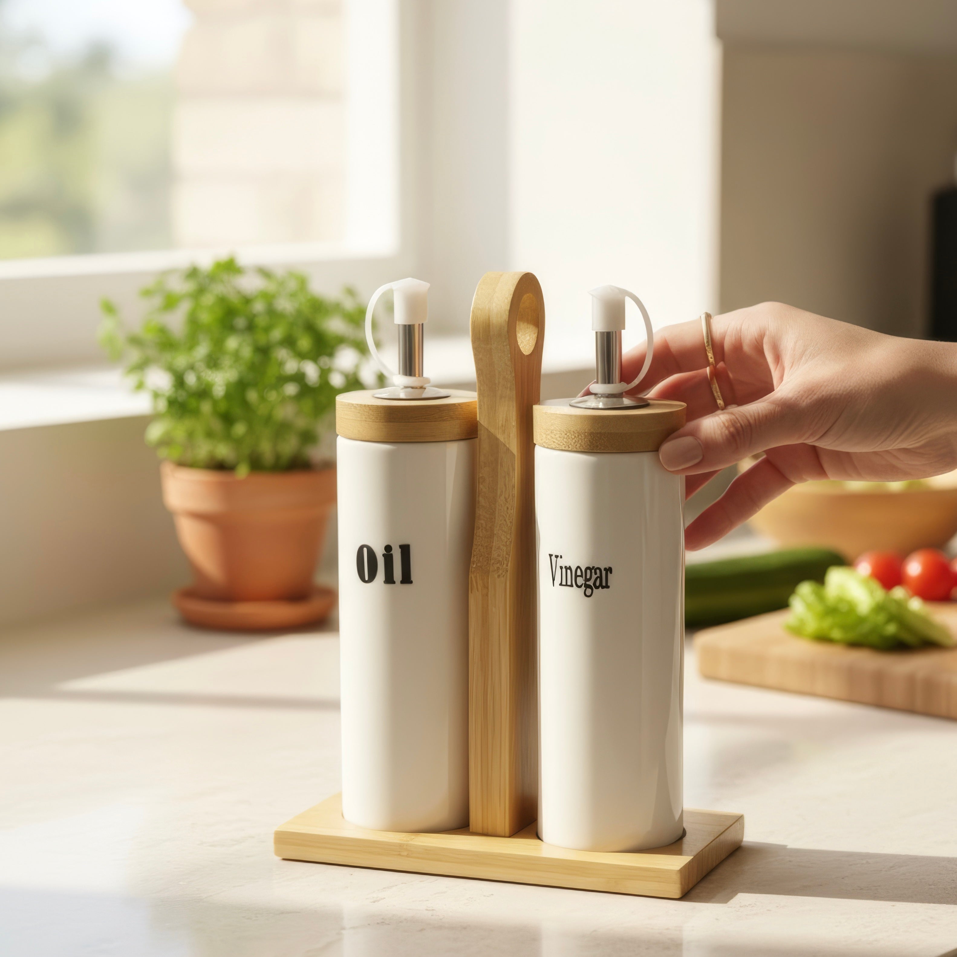 Serrana Glass Oil and Vinegar Ceramic Set — ceramic bottles with easy-pour spouts on bamboo stand