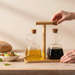Serrana Glass Oil and Vinegar Glass Set — textured glass bottles with bamboo stand for olive oil and vinegar