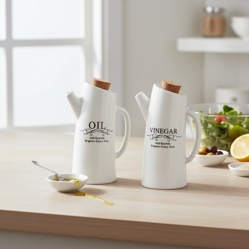 Serrana Glass Oil and Vinegar Ceramic Set — ceramic bottles with easy-pour spouts for salads cooking and serving