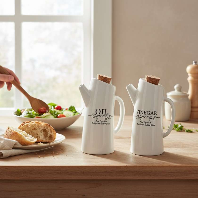 Serrana Glass Oil and Vinegar Ceramic Set — ceramic bottles with easy-pour spouts for salads cooking and serving