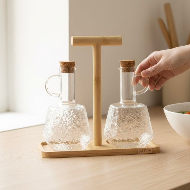 Serrana Glass Oil and Vinegar Glass Set — textured glass bottles with bamboo stand for olive oil and vinegar