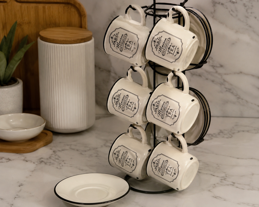 Paris Coffee Cup & Saucer Set with Stand (12 pcs)