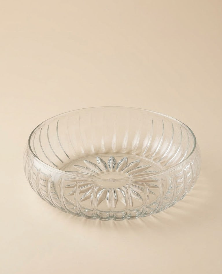 Serrana Glass Luce 24cm Premium Glass Serving Bowl — starburst-base vertically ribbed clear glass for salads and centerpiece