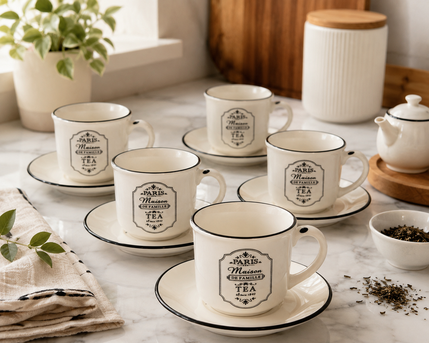 Paris Coffee Cup & Saucer Set with Stand (12 pcs)