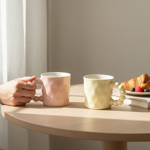 Serrana Glass Passion Ceramic Pink White Mug set of 2 — pebble-dimpled glazed ceramic mug for hot beverages