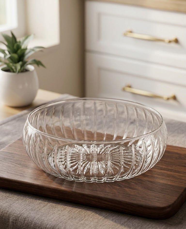 Serrana Glass Luce 24cm Premium Glass Serving Bowl — starburst-base vertically ribbed clear glass for salads and centerpiece