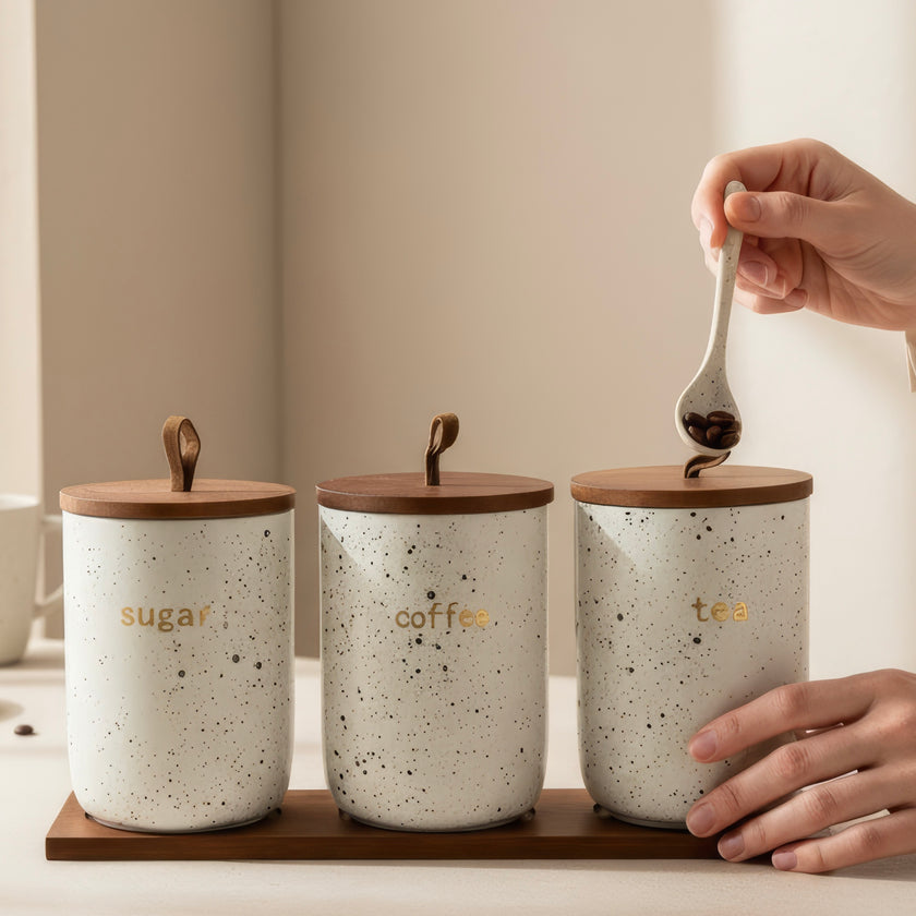 Serrana Glass Elegant Ceramic Coffee Tea Sugar Jar Set — speckled ceramic jars with wooden lids and tray