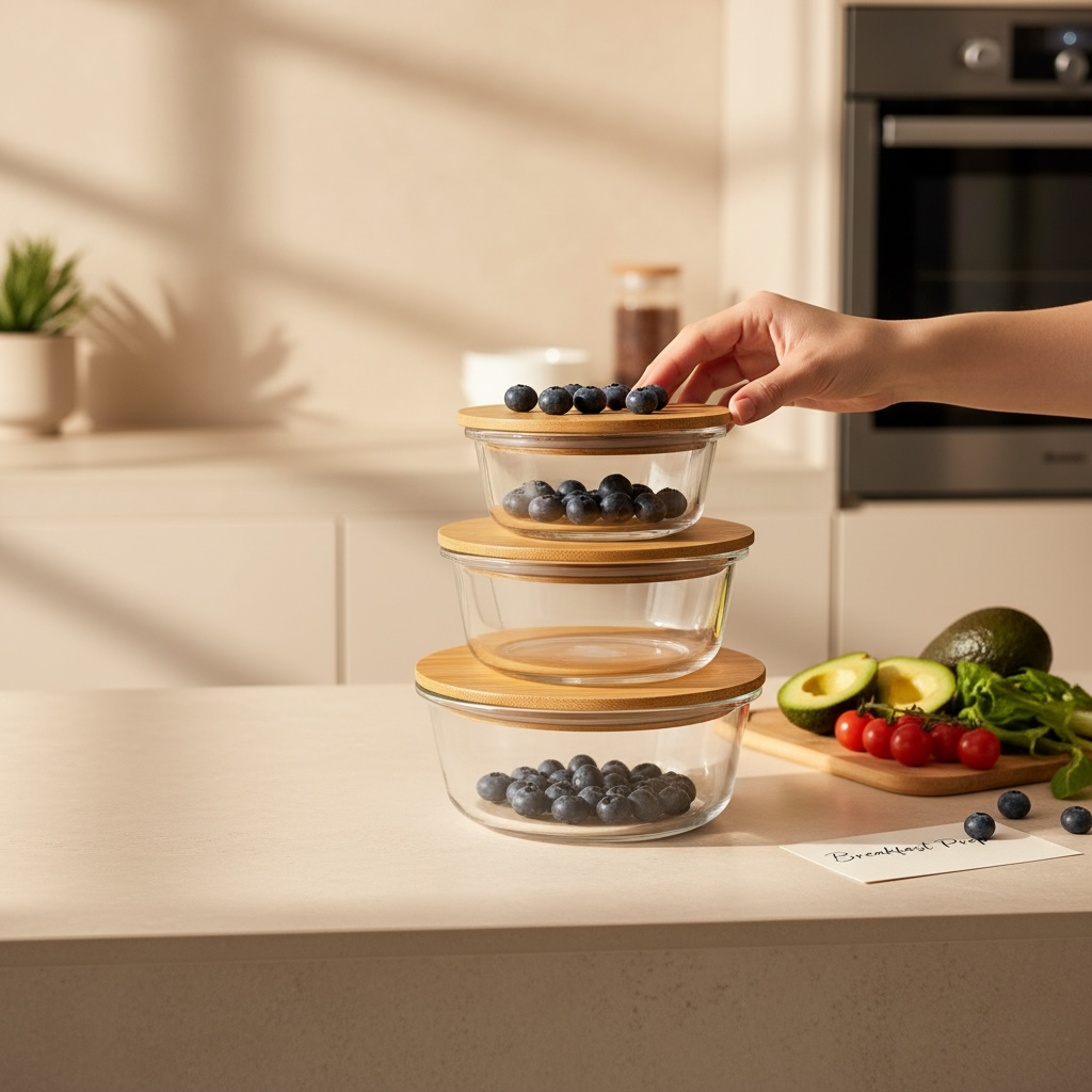 Serrana Glass Round Glass Food Storage Bowls Set of 3 — round clear glass with natural wooden lids for fresh produce