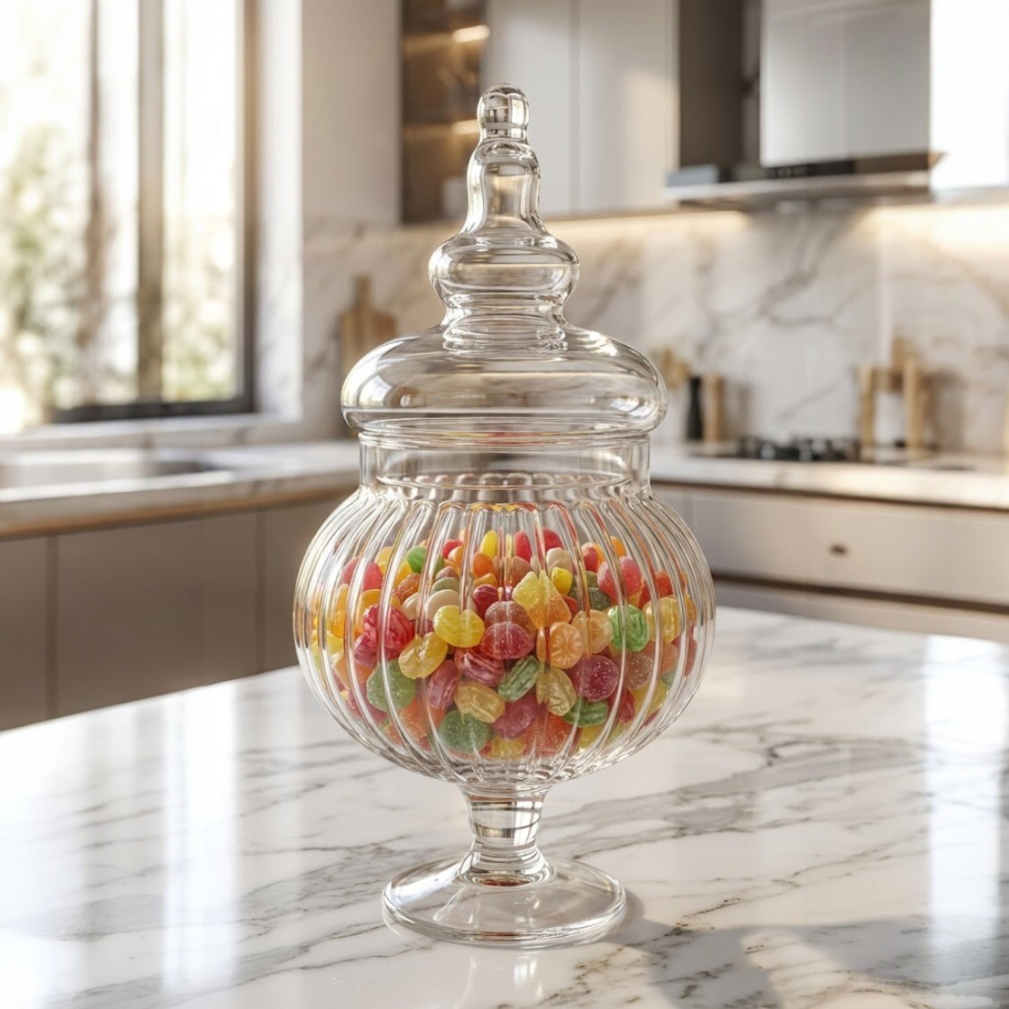 Serrana Glass Momento bonboneira 33cm — ribbed glass jar with lid, 33cm x 17.5cm, for sweets and countertop display