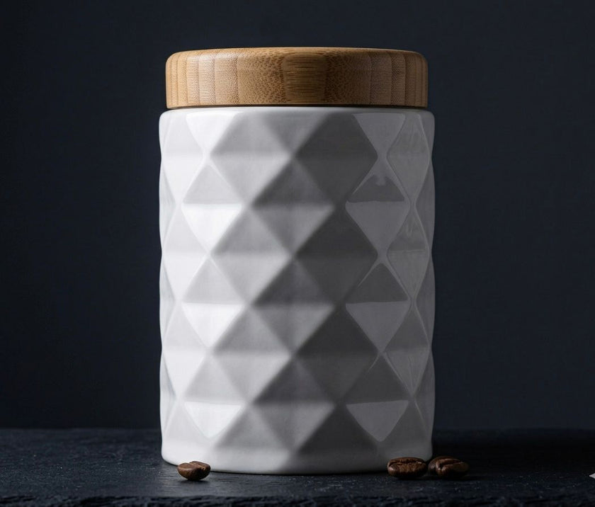 Diamond Ceramic Kitchen Canister Set – 7 Piece with Bamboo Lids & Tray