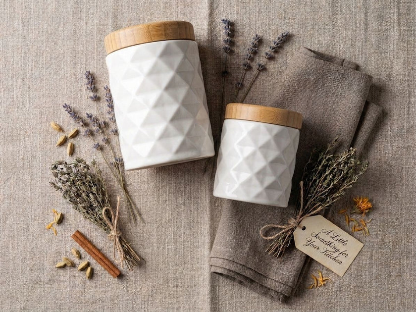 Diamond Ceramic Kitchen Canister Set – 7 Piece with Bamboo Lids & Tray