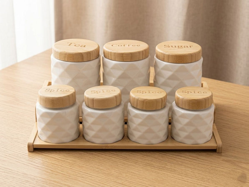 Diamond Ceramic Kitchen Canister Set – 7 Piece with Bamboo Lids & Tray