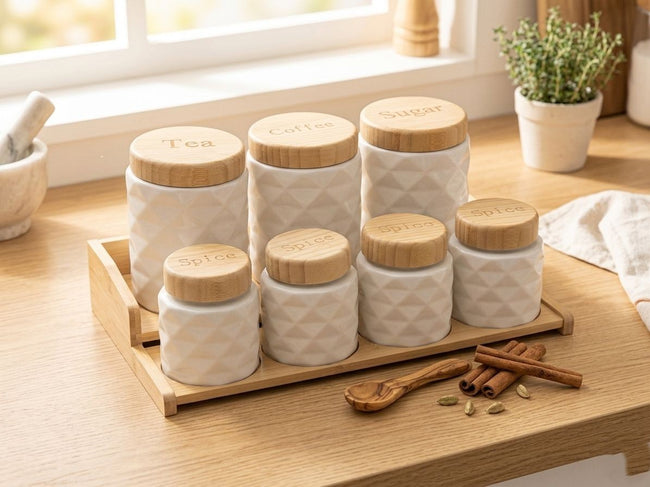 Diamond Ceramic Kitchen Canister Set – 7 Piece with Bamboo Lids & Tray