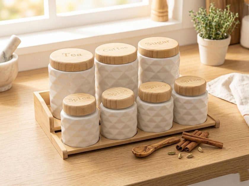Diamond Ceramic Kitchen Canister Set – 7 Piece with Bamboo Lids & Tray