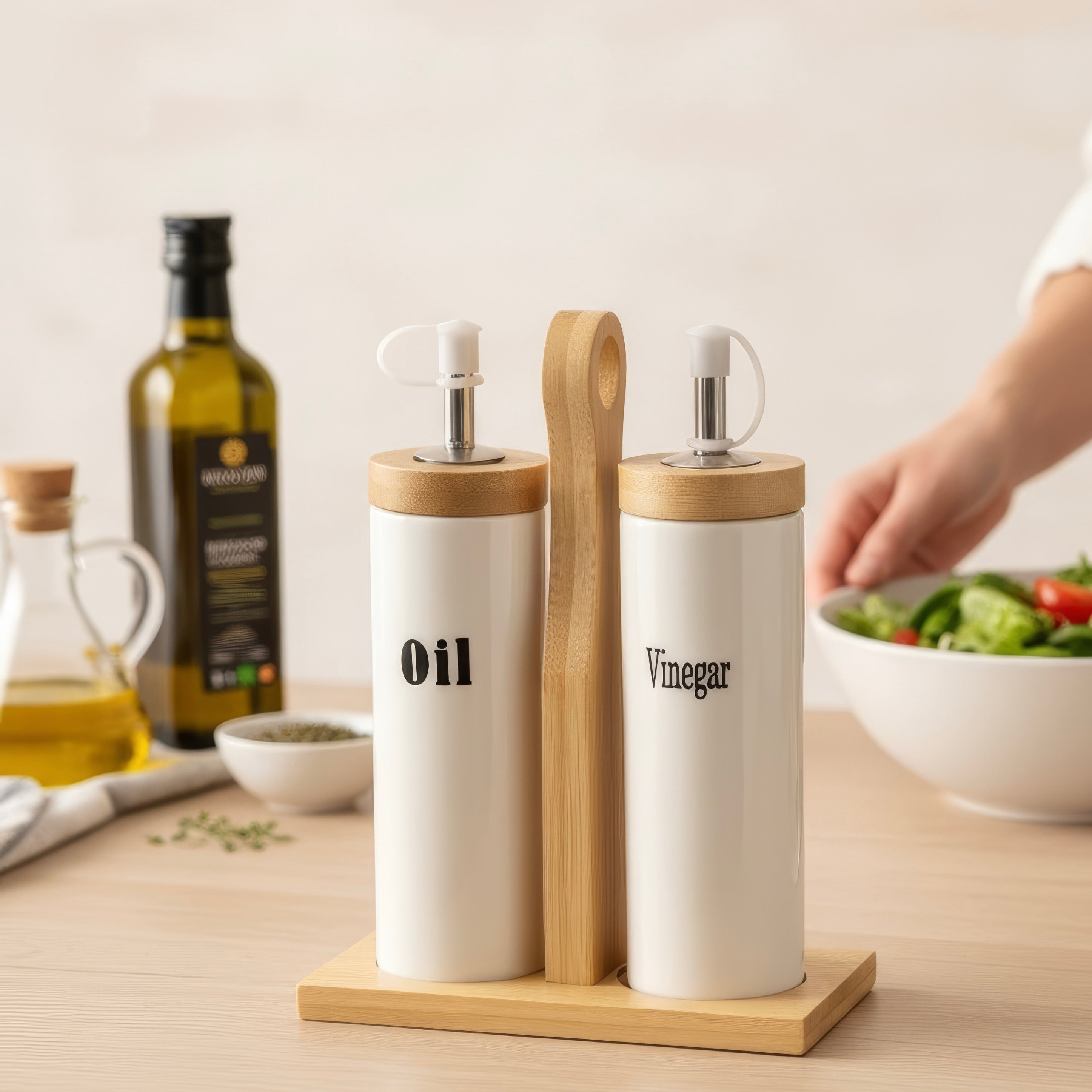 Serrana Glass Oil and Vinegar Ceramic Set — ceramic bottles with easy-pour spouts on bamboo stand