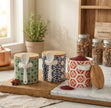 Serrana Glass Mod Geometric Spice Jar Set of 3 — patterned ceramic jars with bamboo lids and spoons for spices