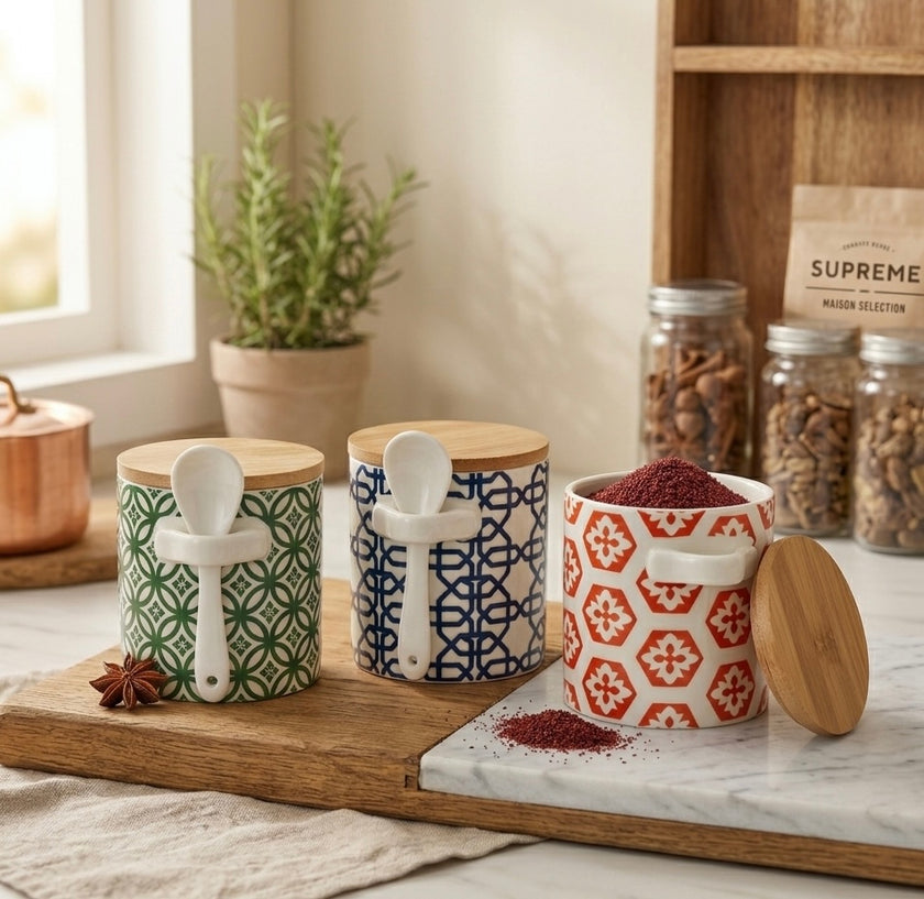 Serrana Glass Mod Geometric Spice Jar Set of 3 — patterned ceramic jars with bamboo lids and spoons for spices