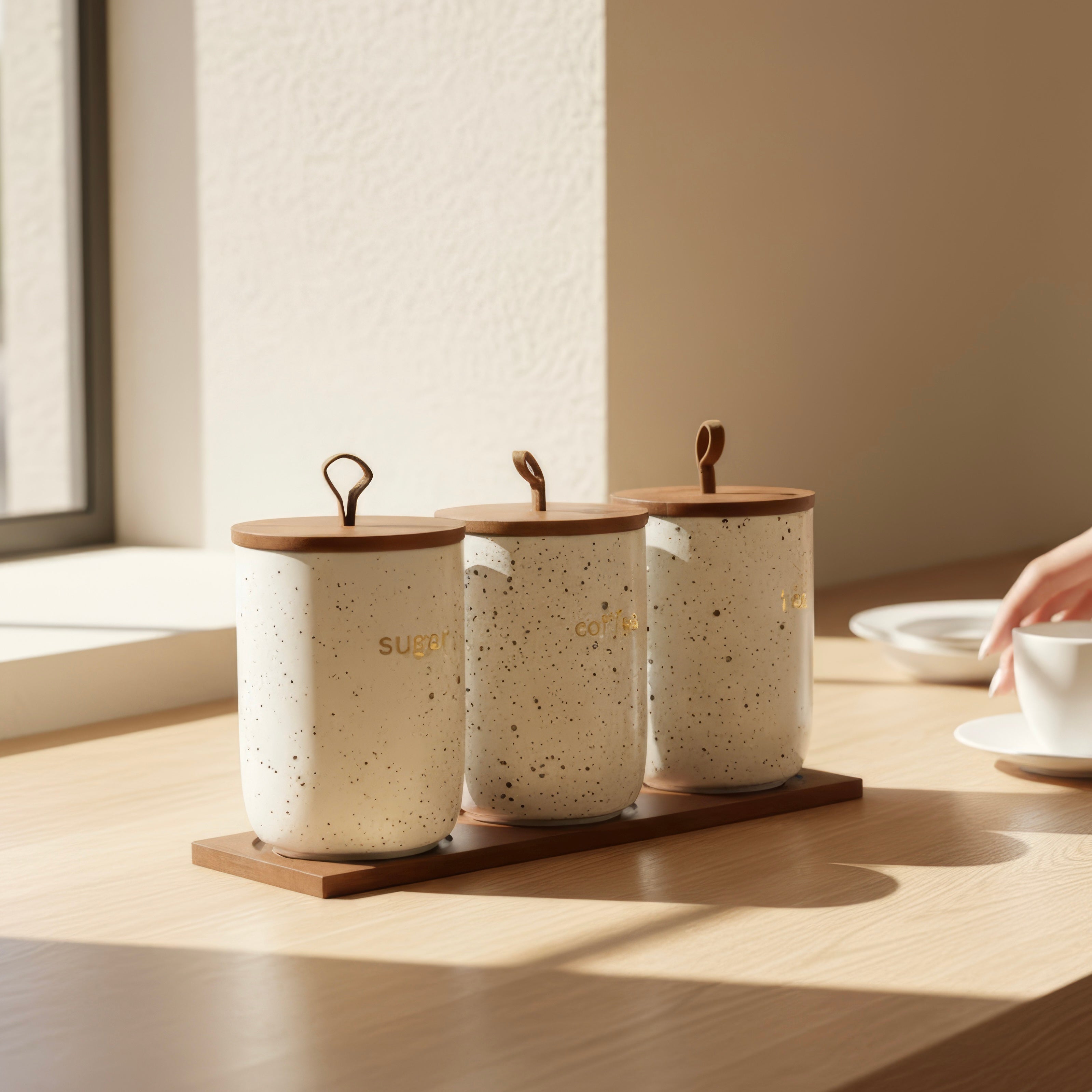 Serrana Glass Elegant Ceramic Coffee Tea Sugar Jar Set — speckled ceramic jars with wooden lids and tray