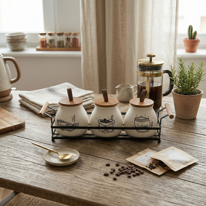 Serrana Glass Rustic Farmhouse Ceramic Canister Trio — white ceramic jars with farmhouse illustrations for tea coffee sugar