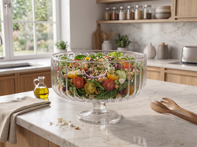 Serrana Glass Moza plate 24cm — vertically ribbed glass with raised base, 24cm x 15cm, for desserts fruits and salads