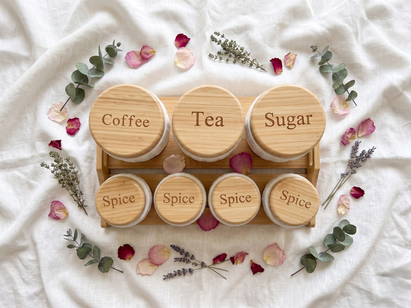 Rose Embossed Ceramic Kitchen Canister Set – 7 Piece with Bamboo Lids & Tray