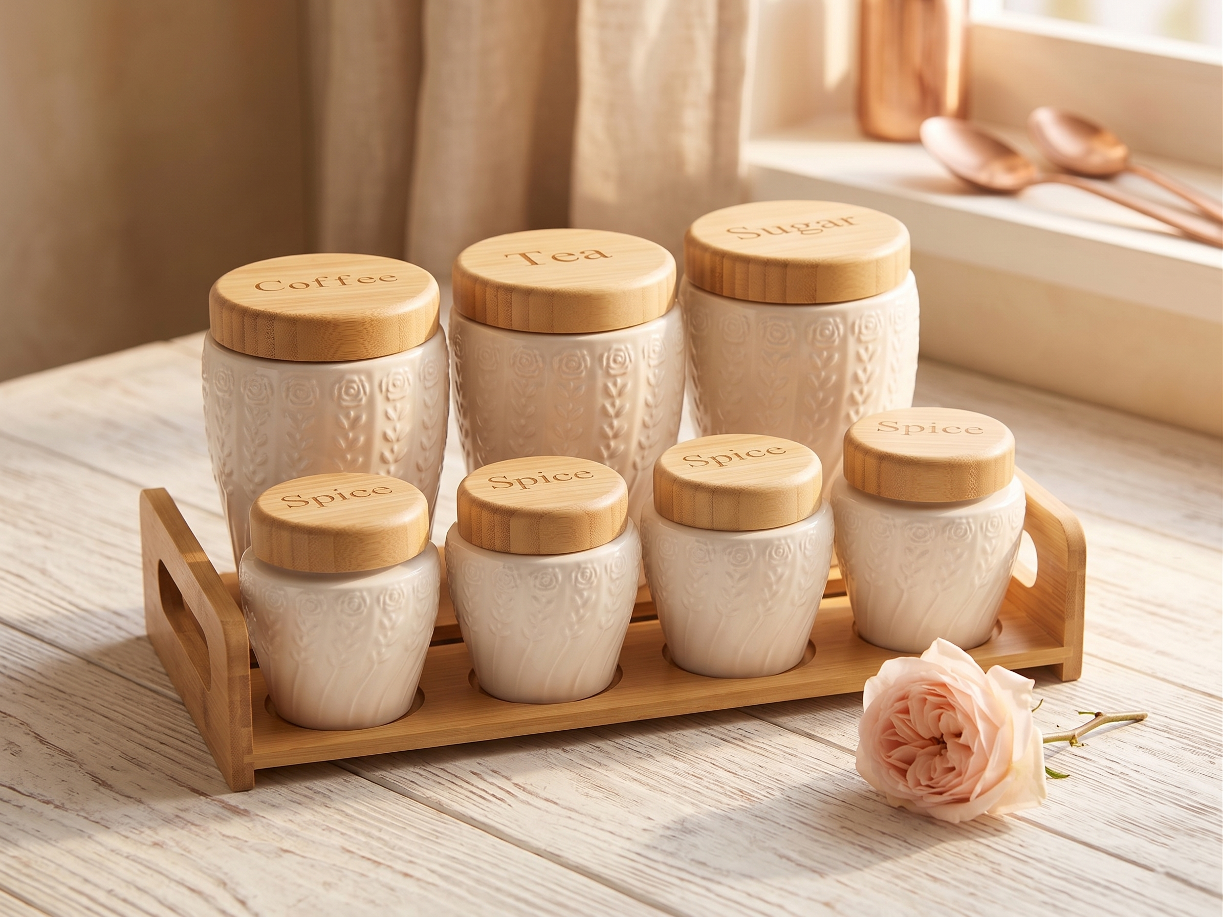 Rose Embossed Ceramic Kitchen Canister Set – 7 Piece with Bamboo Lids & Tray