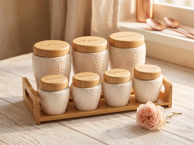 Rose Embossed Ceramic Kitchen Canister Set – 7 Piece with Bamboo Lids & Tray