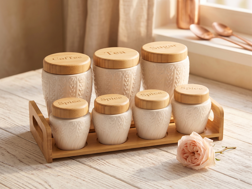Rose Embossed Ceramic Kitchen Canister Set – 7 Piece with Bamboo Lids & Tray