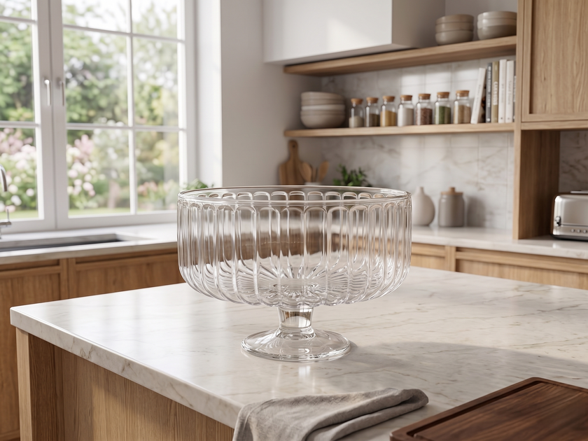 Serrana Glass Moza plate 24cm — vertically ribbed glass with raised base, 24cm x 15cm, for desserts fruits and salads
