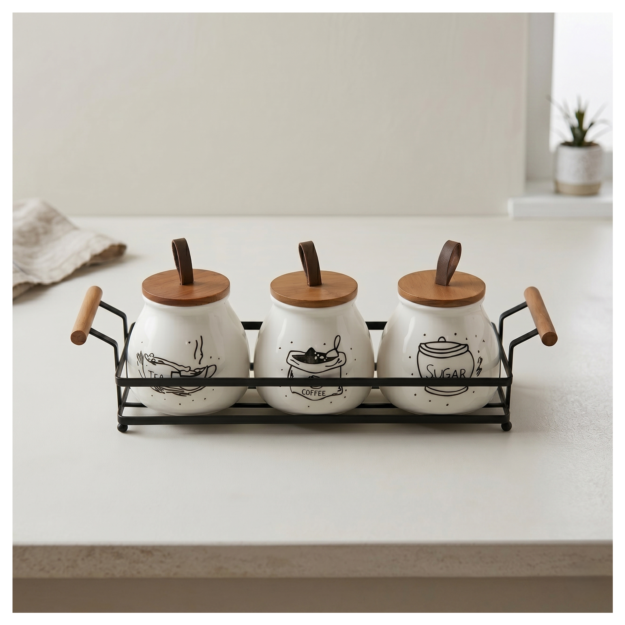 Serrana Glass Rustic Farmhouse Ceramic Canister Trio — white ceramic jars with farmhouse illustrations for tea coffee sugar