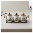 Serrana Glass Rustic Farmhouse Ceramic Canister Trio — white ceramic jars with farmhouse illustrations for tea coffee sugar