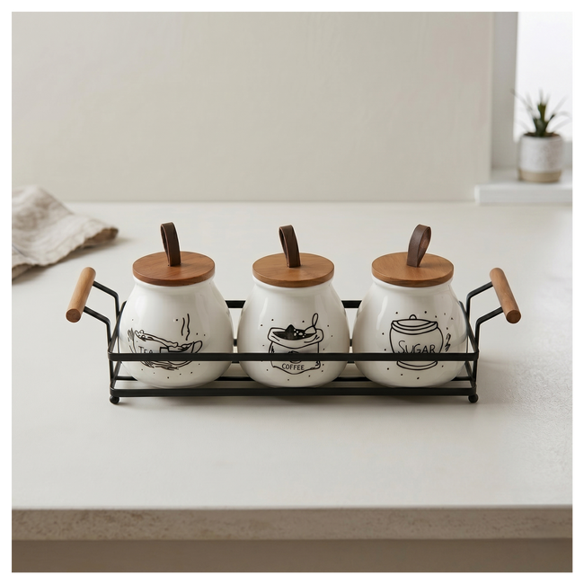 Serrana Glass Rustic Farmhouse Ceramic Canister Trio — white ceramic jars with farmhouse illustrations for tea coffee sugar