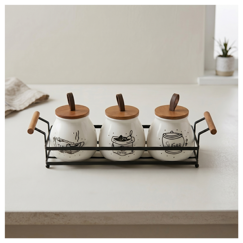 Serrana Glass Rustic Farmhouse Ceramic Canister Trio — white ceramic jars with farmhouse illustrations for tea coffee sugar