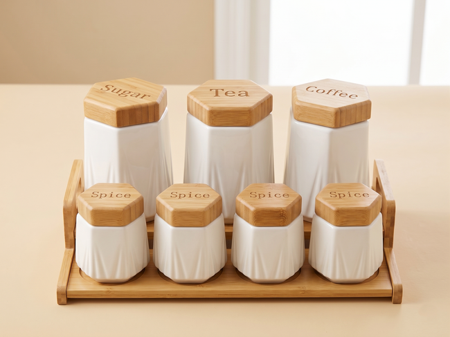 Hexagon Ceramic Kitchen Canister Set 7-piece with engraved bamboo lids on bamboo tray – front view