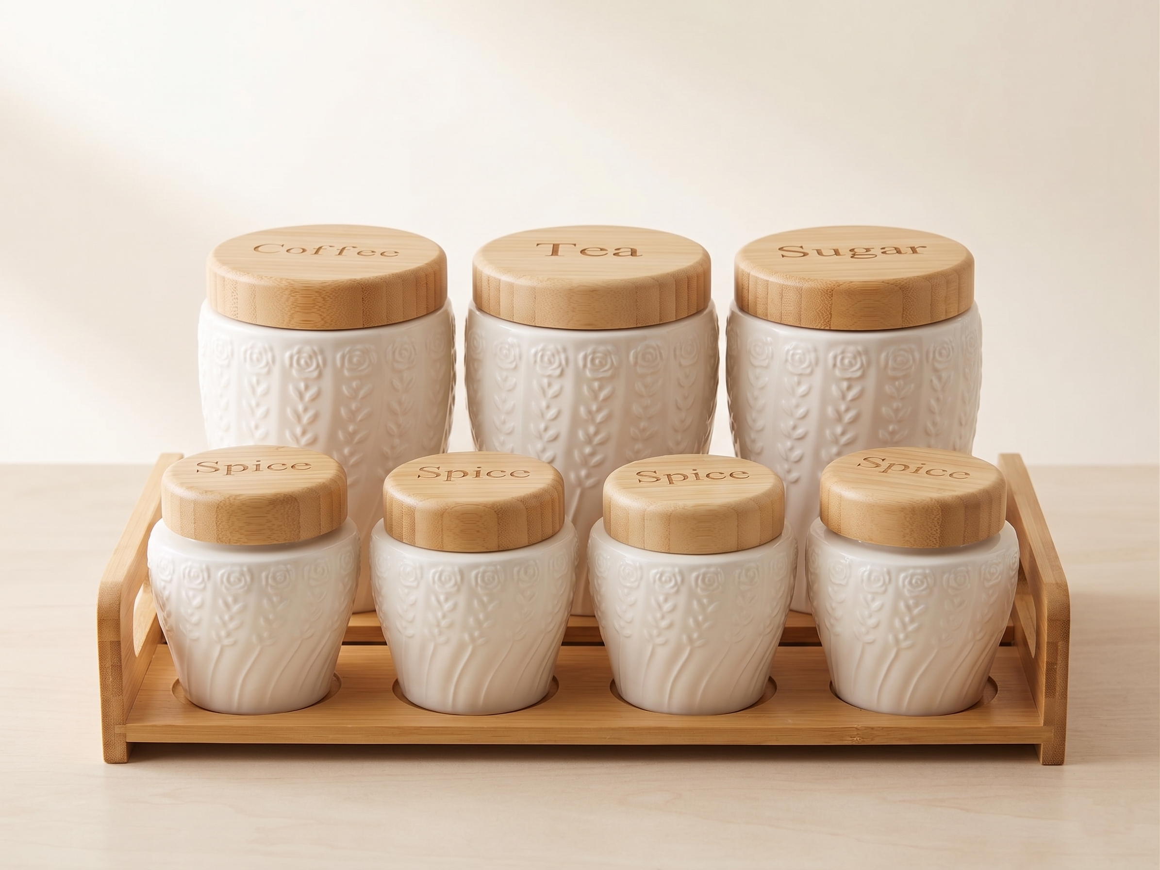Rose Embossed Ceramic Kitchen Canister Set – 7 Piece with Bamboo Lids & Tray