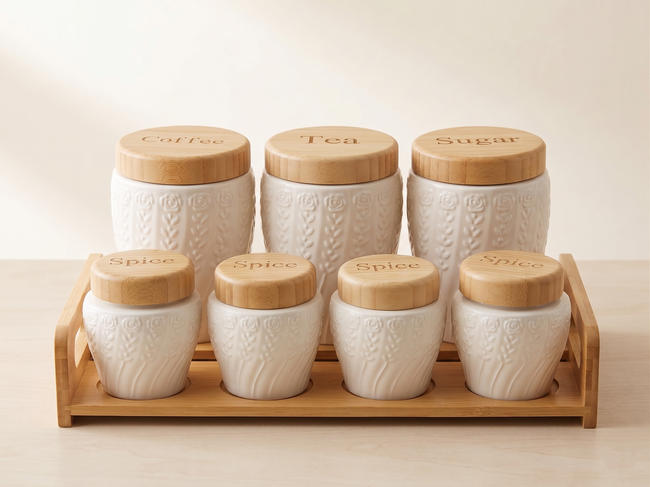 Rose Embossed Ceramic Kitchen Canister Set – 7 Piece with Bamboo Lids & Tray