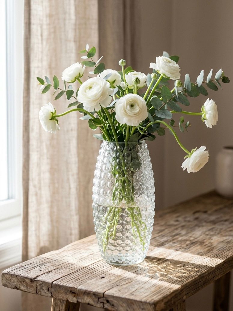 Serrana Glass Elora Beaded Glass Vase 26cm — bubble-textured hourglass clear glass for loose airy floral arrangements