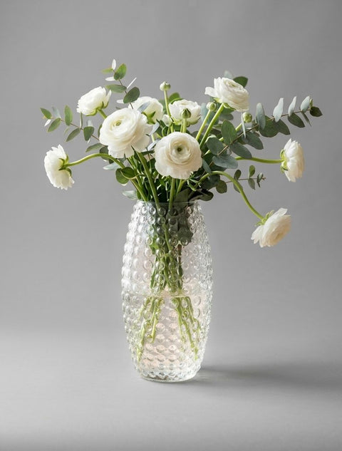 Serrana Glass Elora Beaded Glass Vase 26cm — bubble-textured hourglass clear glass for loose airy floral arrangements