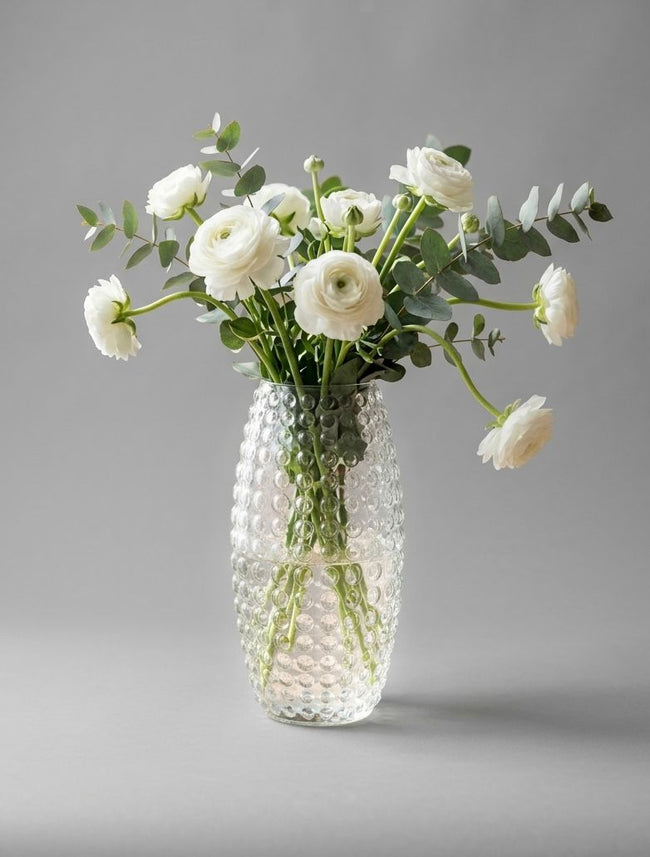 Serrana Glass Elora Beaded Glass Vase 26cm — bubble-textured hourglass clear glass for loose airy floral arrangements