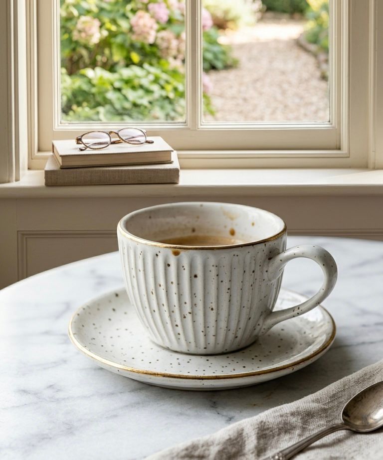 Serrana Glass Speckled Ribbed Coffee Cup Saucer Set 6pc — white ribbed ceramic with gold rim and saucer for espresso