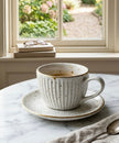 Serrana Glass Speckled Ribbed Coffee Cup Saucer Set 6pc — white ribbed ceramic with gold rim and saucer for espresso