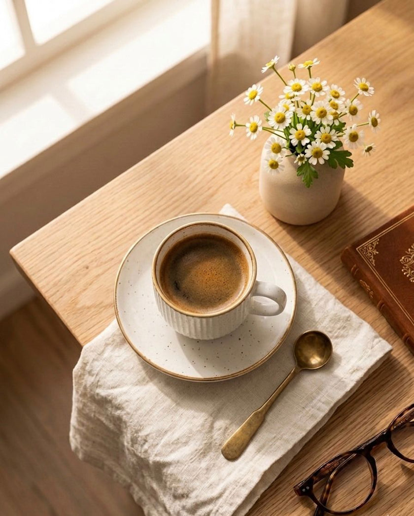 Serrana Glass Speckled Ribbed Coffee Cup Saucer Set 6pc — white ribbed ceramic with gold rim and saucer for espresso