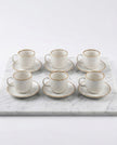 Serrana Glass Speckled Ribbed Coffee Cup Saucer Set 6pc — white ribbed ceramic with gold rim and saucer for espresso