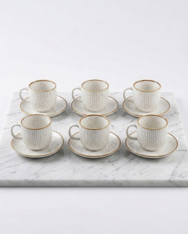 Serrana Glass Speckled Ribbed Coffee Cup Saucer Set 6pc — white ribbed ceramic with gold rim and saucer for espresso