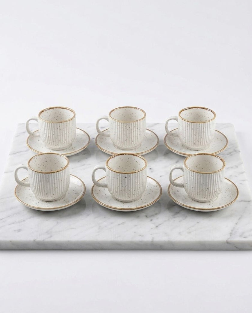 Serrana Glass Speckled Ribbed Coffee Cup Saucer Set 6pc — white ribbed ceramic with gold rim and saucer for espresso