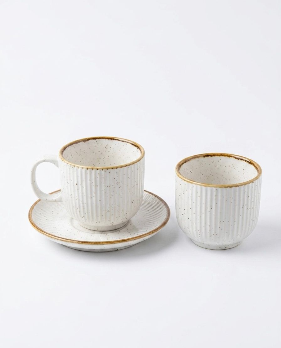 Serrana Glass Speckled Ribbed Coffee Cup Saucer Set 6pc — white ribbed ceramic with gold rim and saucer for espresso
