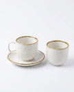 Serrana Glass Speckled Ribbed Coffee Cup Saucer Set 6pc — white ribbed ceramic with gold rim and saucer for espresso