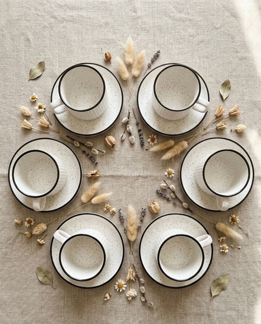 Serrana Glass Speckled Ribbed Tea Coffee Cup Set 6pc — large white ribbed ceramic with dark blue rim and saucer