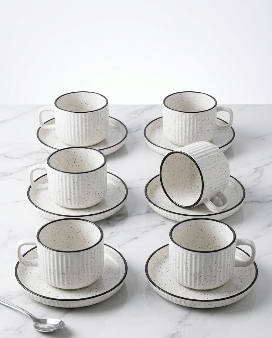 Serrana Glass Speckled Ribbed Tea Coffee Cup Set 6pc — large white ribbed ceramic with dark blue rim and saucer