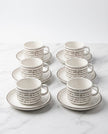 Serrana Glass Dashed Stripe Ceramic Tea Cup Set 6pc — white ceramic with geometric dash print and saucer